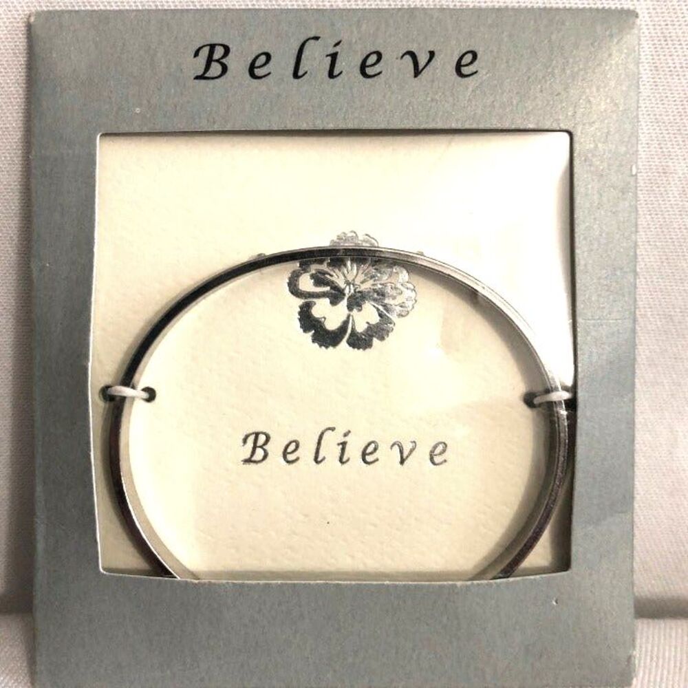 Believe Inspirational Open Bangle Bracelet Silver Tone NIB
